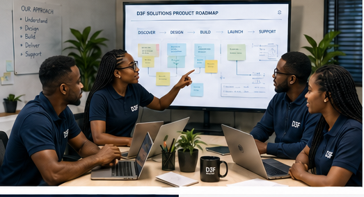 The D3F Solutions team collaborating around a product roadmap and laptop dashboards